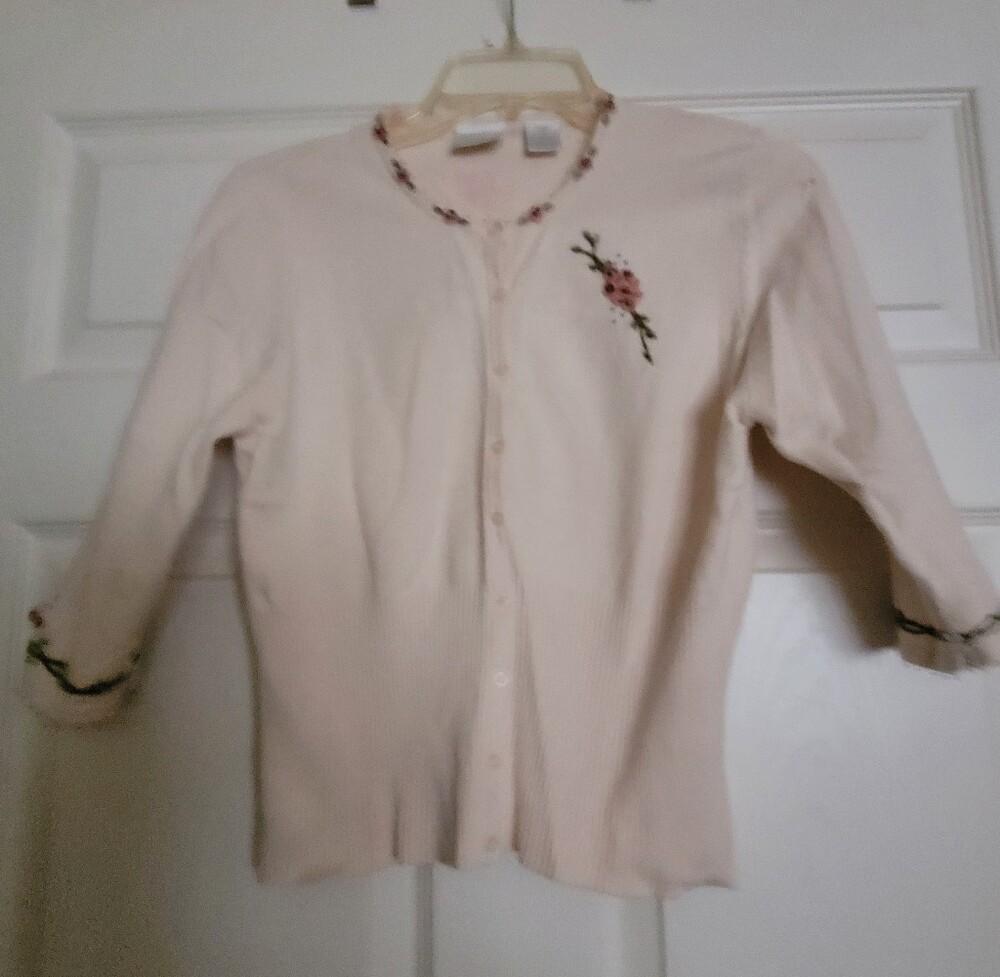 MODA INT'L Cream Button-Front Cardigan with Pink Floral Embroidery